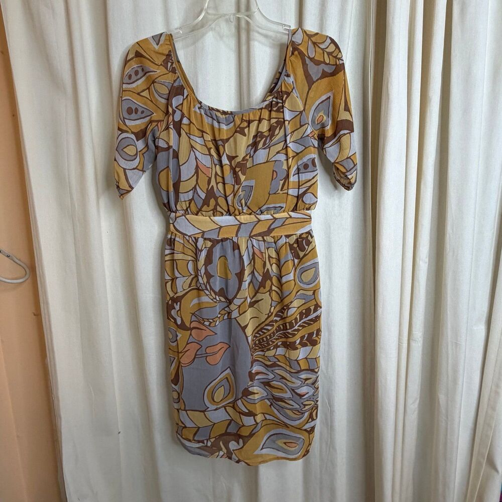 Judith March Women's Yellow/Brown Retro Abstract Pattern Knee Length Dress S
